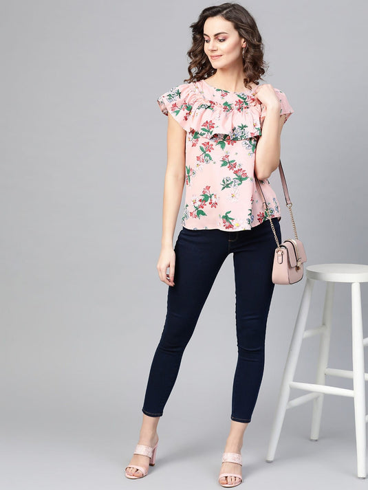 Floral Top With Gathered Neck Flare