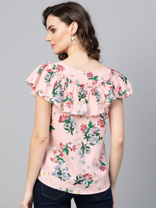 Floral Top With Gathered Neck Flare