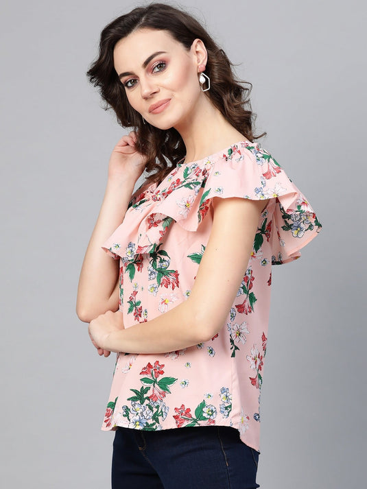 Floral Top With Gathered Neck Flare