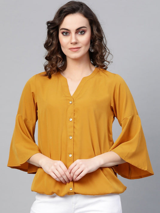 Solid Shirt Balloon Top With Huge Bell Sleeves