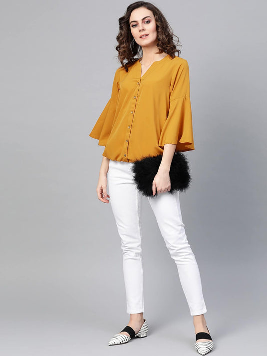 Solid Shirt Balloon Top With Huge Bell Sleeves