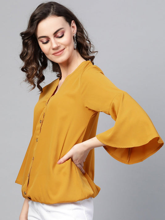 Solid Shirt Balloon Top With Huge Bell Sleeves