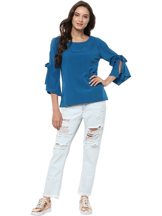 Pannkh Women's Solid Top With Slit Tie-Up Bell Sleeves