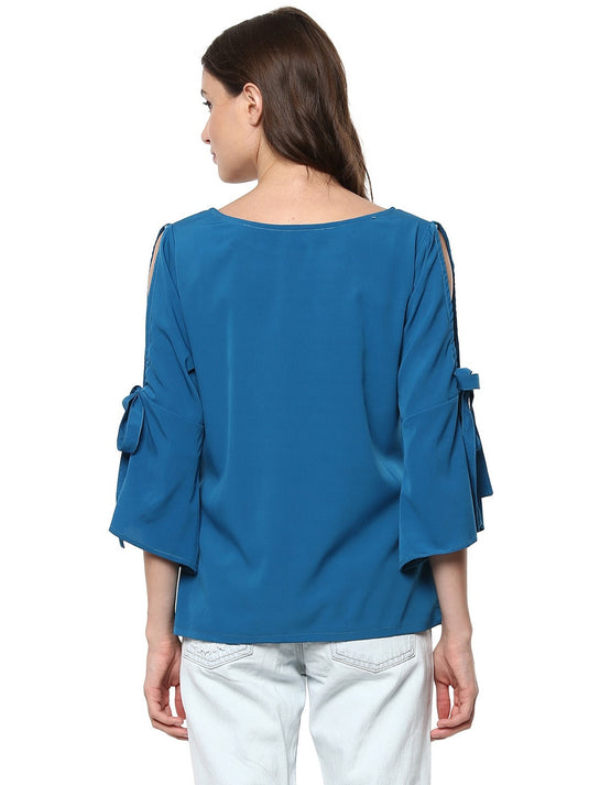 Pannkh Women's Solid Top With Slit Tie-Up Bell Sleeves