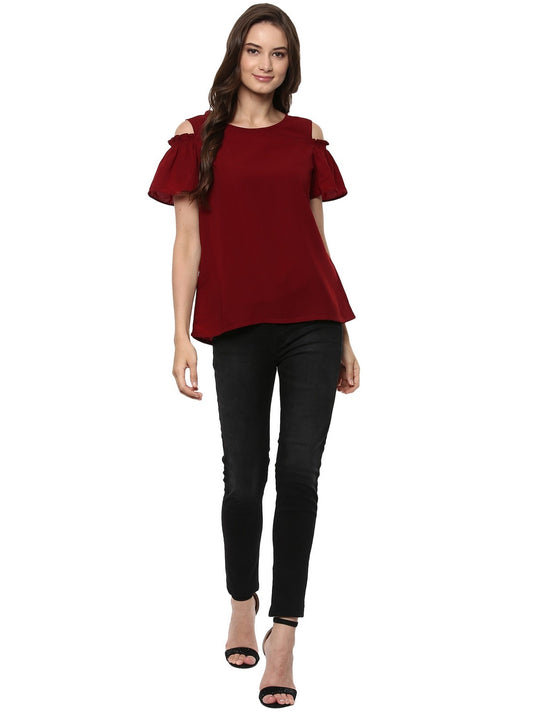 Pannkh Women's Solid Top With Smoking Cold-Shoulder