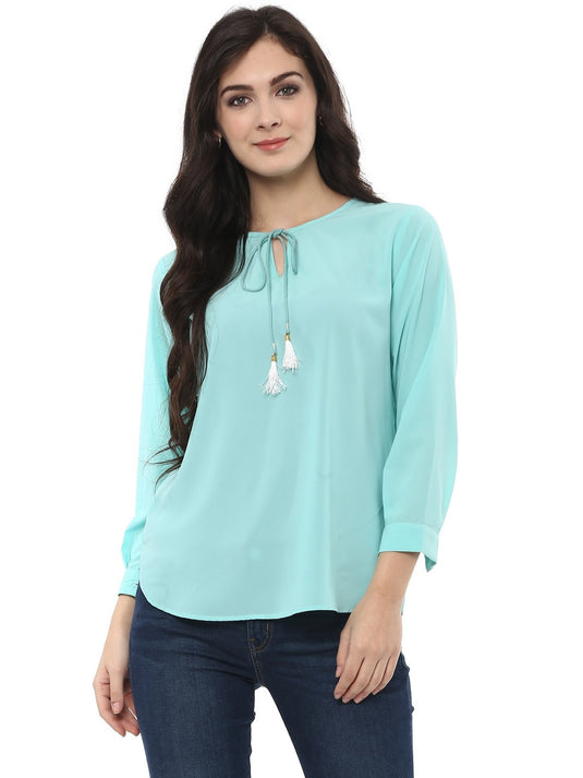 Pannkh Women's Solid Tassel Tie-Up Top