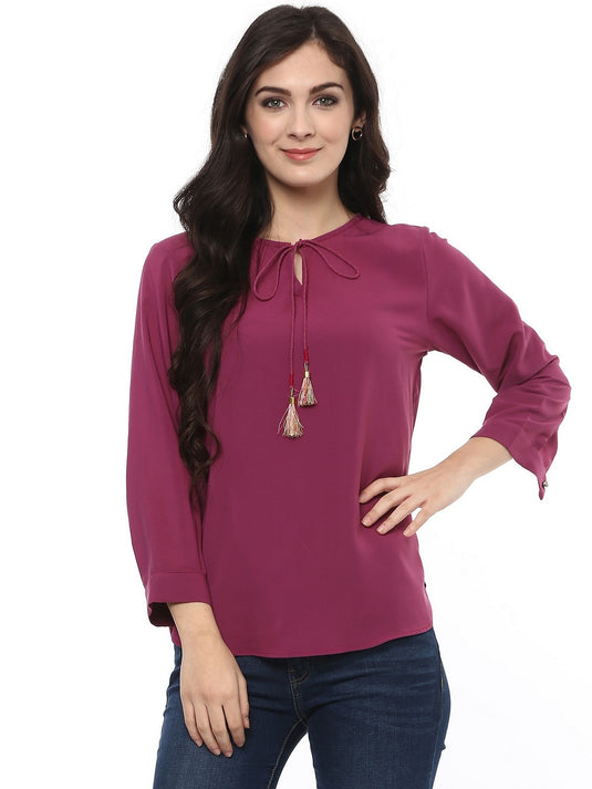 Pannkh Women's Solid Tassel Tie-Up Top