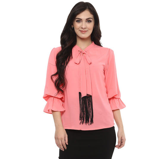 Pannkh Women's Solid Tie-Up Top With Fringes