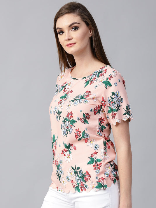 Peach Floral Scalloped Top