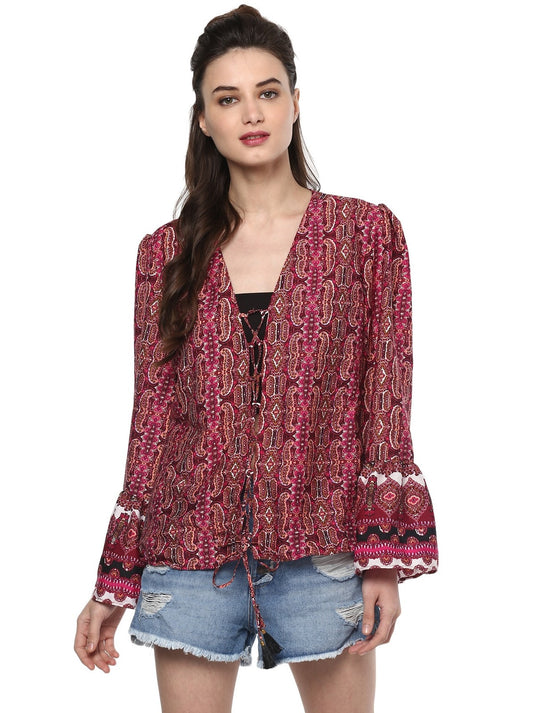 Pannkh Women's Printed Front Tie-Up Top