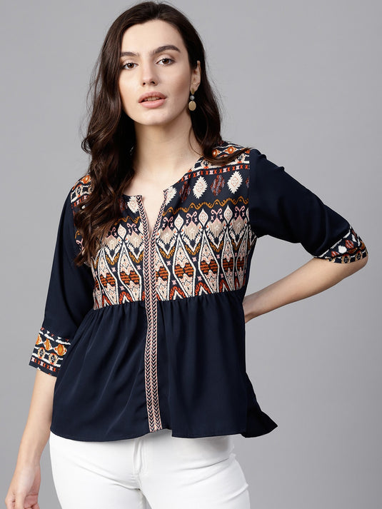 Navy Blue Printed Yoke Top