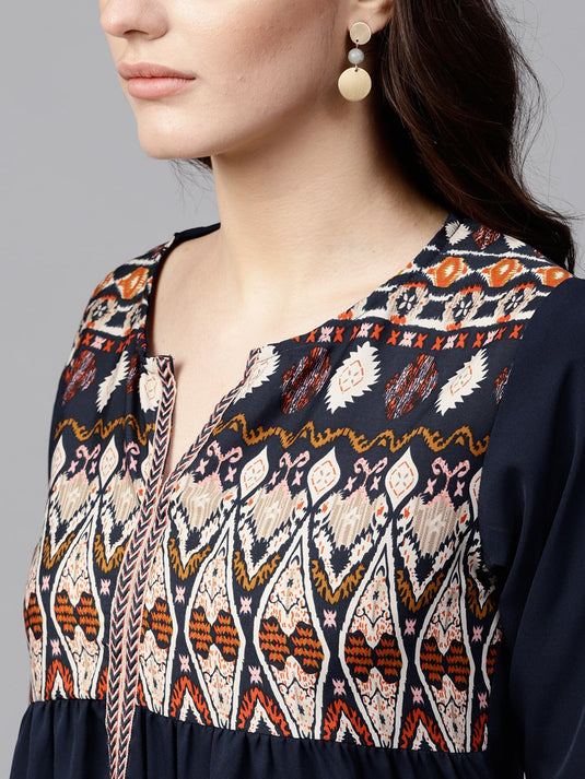 Navy Blue Printed Yoke Top