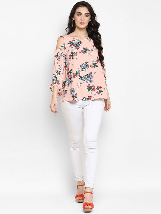 Peach Floral Cold Shoulder Top With Tie-up At Sleeves