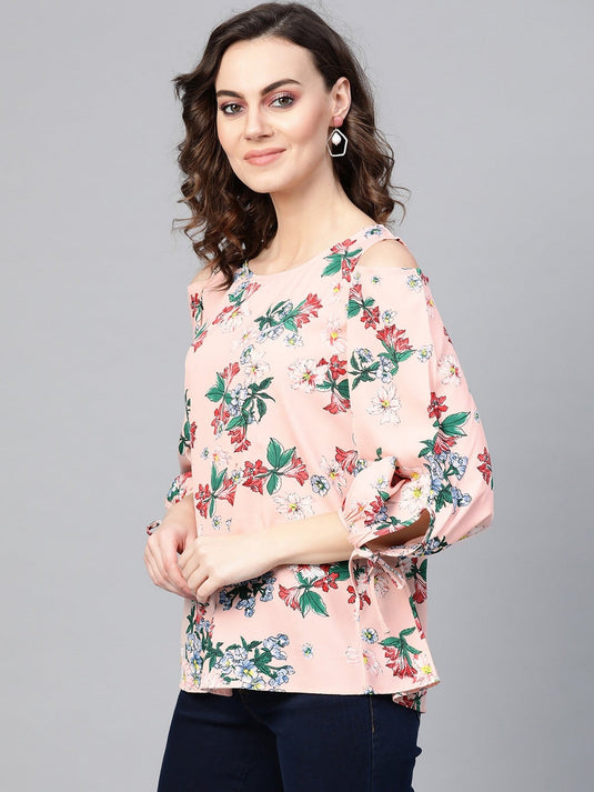 Peach Floral Cold Shoulder Top