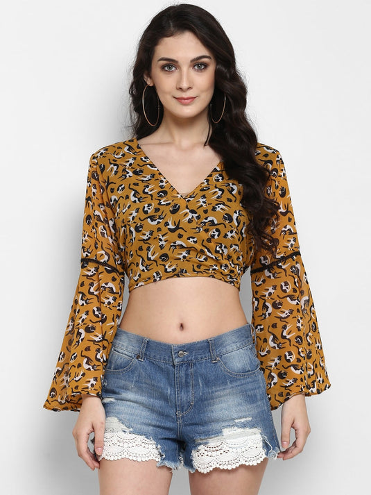 Pannkh Women's Printed Bell Sleeves Crop Top