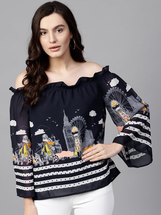 Pannkh Women's Off-Shoulder Fusion Printed Top