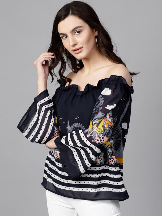 Pannkh Women's Off-Shoulder Fusion Printed Top