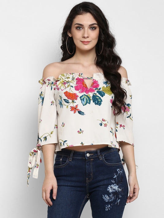 Pannkh Women's Floral Off-Shoulder Crop Top