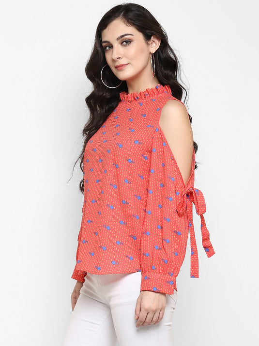 Printed Cold Shoulder Ruffle Top