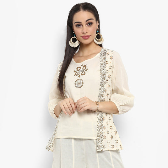 Pannkh Women's Block Printed Top With Waistcoat