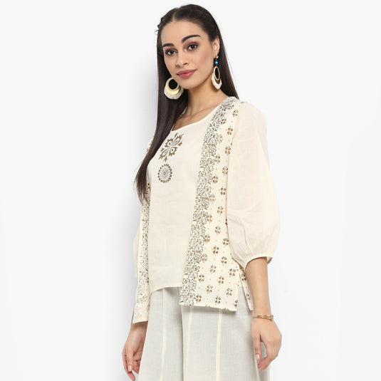 Pannkh Women's Block Printed Top With Waistcoat