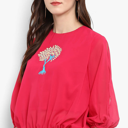 Pannkh Women's Solid Embroidered Balloon Top