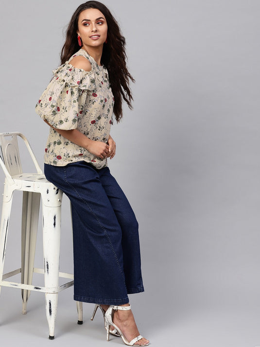 Floral Cold-Shoulder Top With Voluminous Sleeves