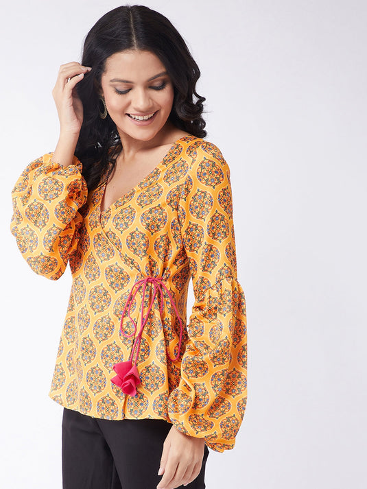 Kasturi Digital Printed Overlap Puff Sleeves Top