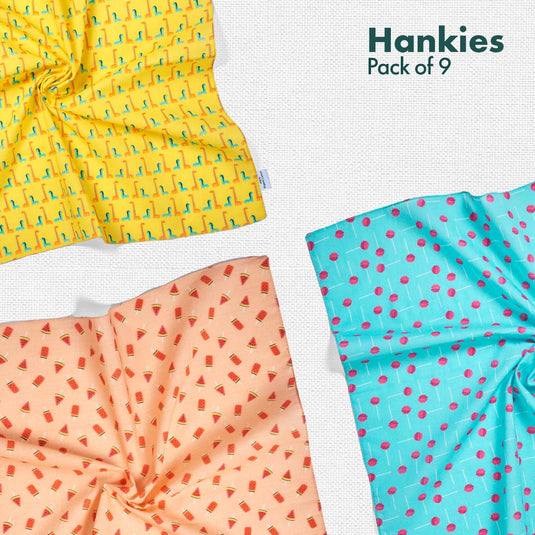 Animalholic! + Child-unlock! + Travelicious! Unisex Hankies, 100% Organic Cotton, Pack of 9