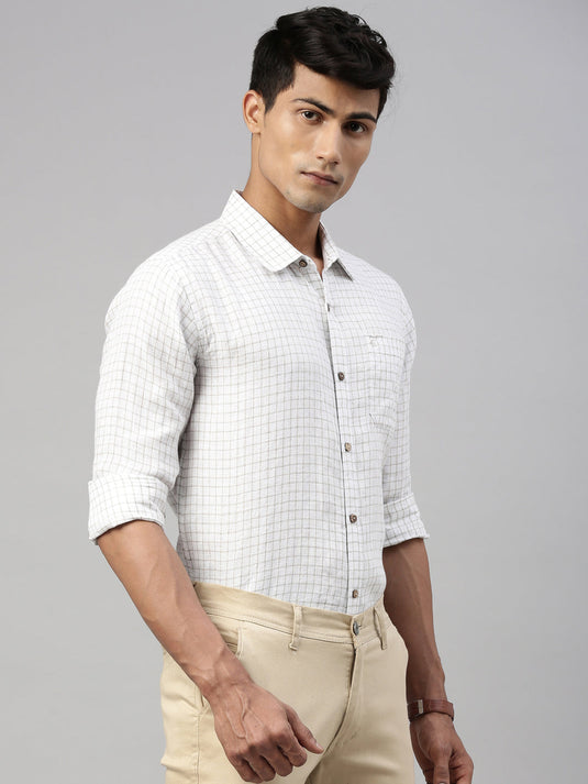 Men White Beige Checks Hemp Full Sleeve Shirt