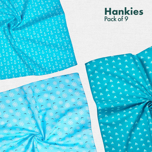 Travelicious! + Happy High! + Now You Sea Me! Unisex Hankies, 100% Organic Cotton, Pack of 9