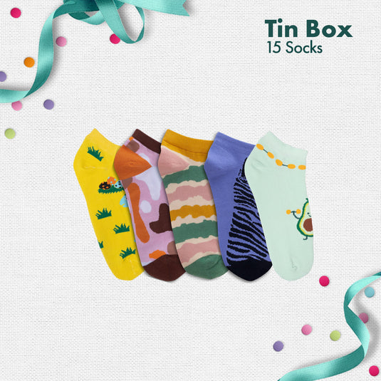 Peacock A Boo! Tin Gift Box, Unisex Ankle Length Socks, 100% Organic Cotton, Box Of 15