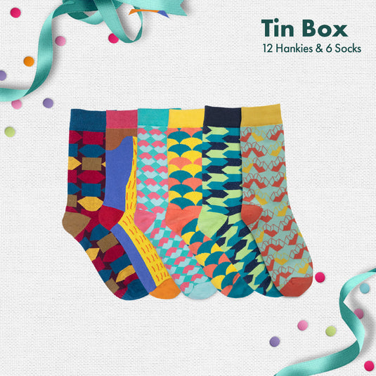 GMT! Giraffe Mood Time! Tin Gift Box, 12 Men's Hankies + 6 Unisex Crew Length Socks, 100% Organic Cotton, Box of 18