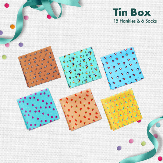 GMT! Giraffe Mood Time! Tin Gift Box, 15 Kid's Hankies + 6 Kid's Socks, 100% Organic Cotton, Box of 21