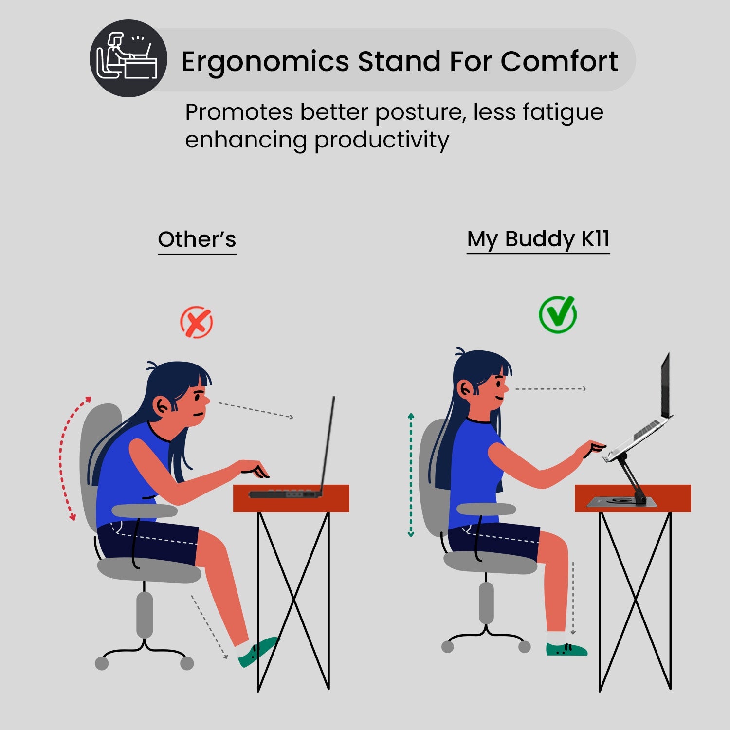 grey My Buddy K11 ergonomics design laptop stand| foldable laptop stand for table 