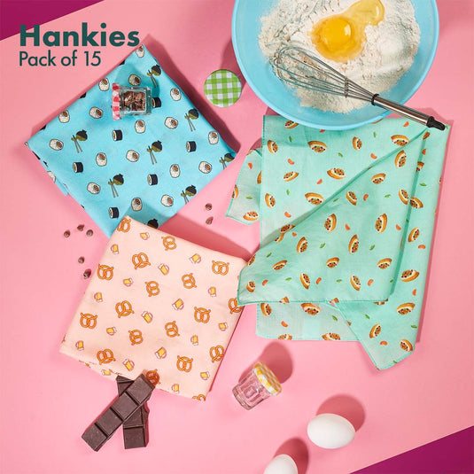 Beach Please! + Child-unlock! + Animalholic! + Foodgasm Series 1! + Series 2! Unisex Hankies, 100% Organic Cotton, Pack of 15