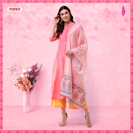 Pink Embroidered Kurta With Pants And Digital Printed Dupatta