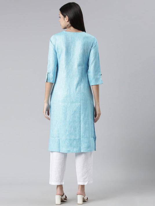 Women Solid Blue and White Kurta Set