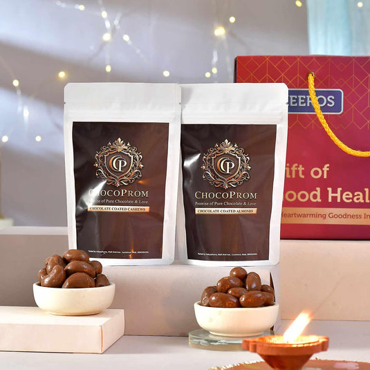 Keeros Diwali Gift Hamper with Chocolate-Coated Almonds & Cashews, Tasty & Crunchy Supersnacks| Nutritious Superfoods in a Diwali Gift Hamper | Ideal for Healthy Snacking