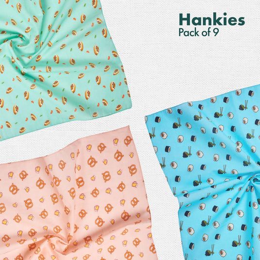 Foodgasm Series 1! + Series 2! + Beach Please! Unisex Hankies, 100% Organic Cotton, Pack of 9