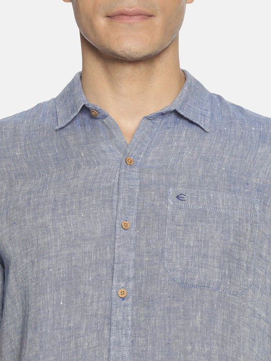 Men Navy Blue Hemp Casual Half Sleeve Shirt