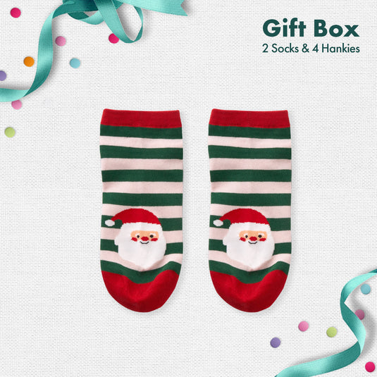 JLT! Jingle Bell Like That! 2 Unisex Ankle Length Socks + 4 Hankies, 100% Organic Cotton, Gift Box of 6