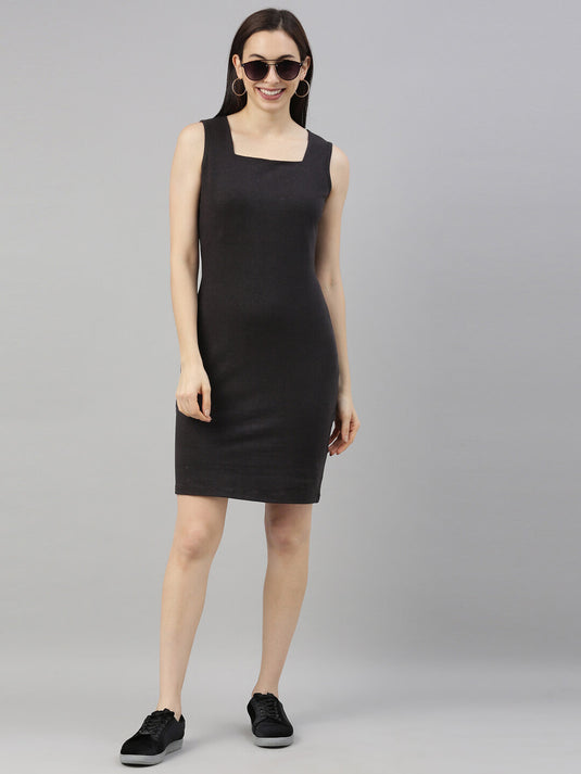 Women Black Sleeveless Bodycon Solid Hemp Sheath Dress