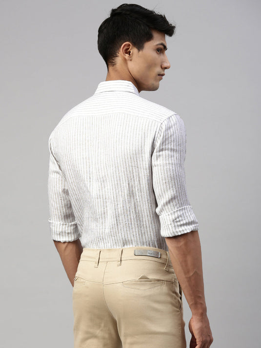 Men White Beige Stripes Shirt