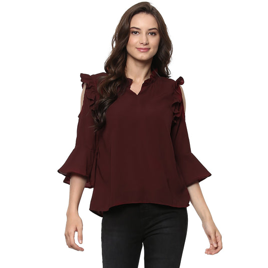 Solid Ruffle Cold Shoulder Top