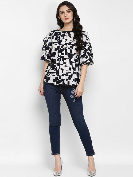 Abstract Printed Triple Flared Sleeves Top