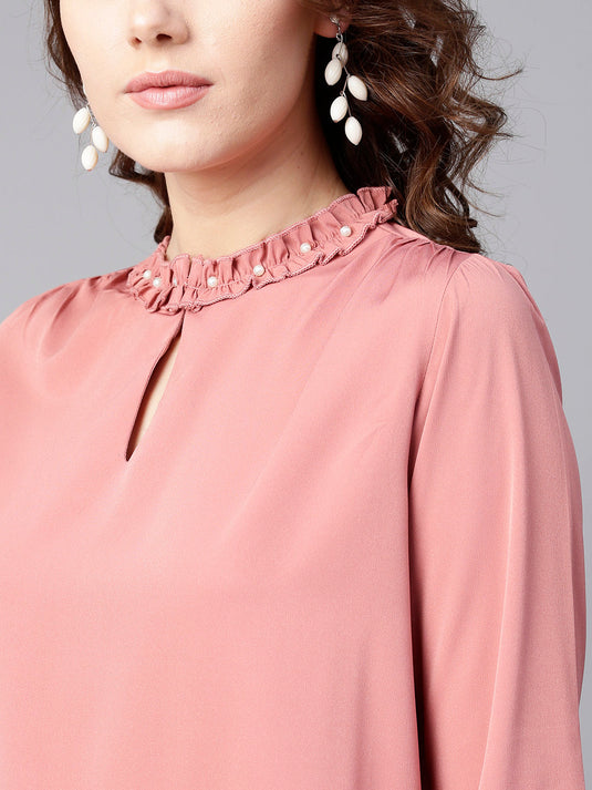 Ruffled Pearl Embellished Collar Top