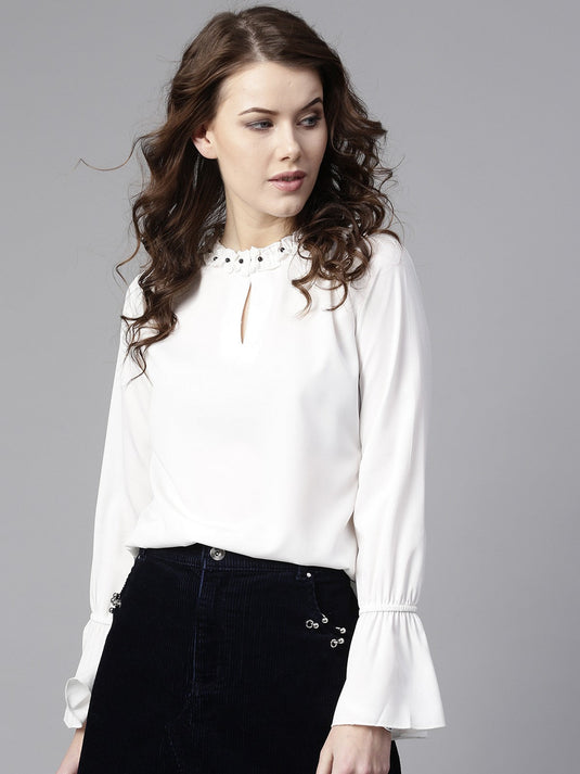 Ruffled Pearl Embellished Collar Top