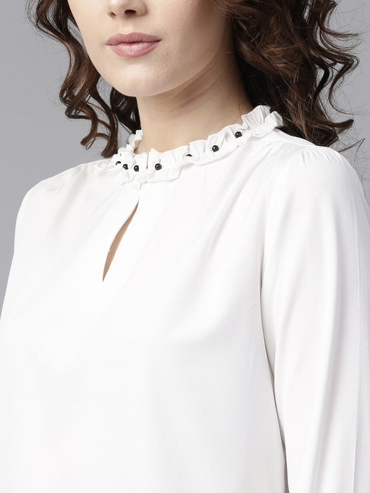 Ruffled Pearl Embellished Collar Top