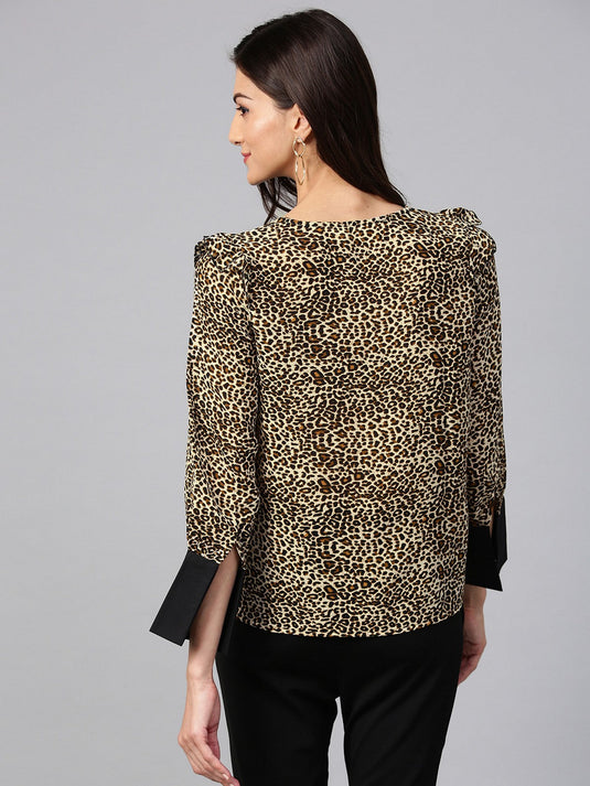 Brown Animal Print Top With Neck Brotch